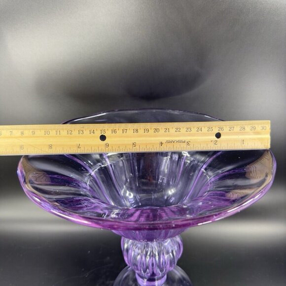 Large Hand Blown Pedestal Bright Purple Lilac Glass Bowl Footed Vase Vintage - Picture 4 of 16